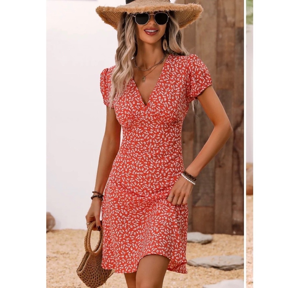 NEW Beachsissi Fashion V Neck Floral Casual Mini Dress Light Corral Small Summer